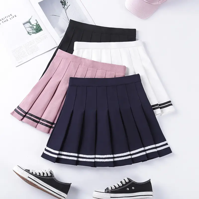 Elasticated Pleated Skirt Student Striped Safety Pants White Black Pink - Image 6
