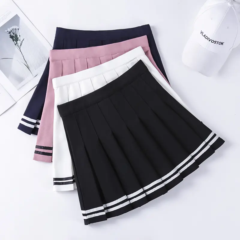 Elasticated Pleated Skirt Student Striped Safety Pants White Black Pink - Image 7