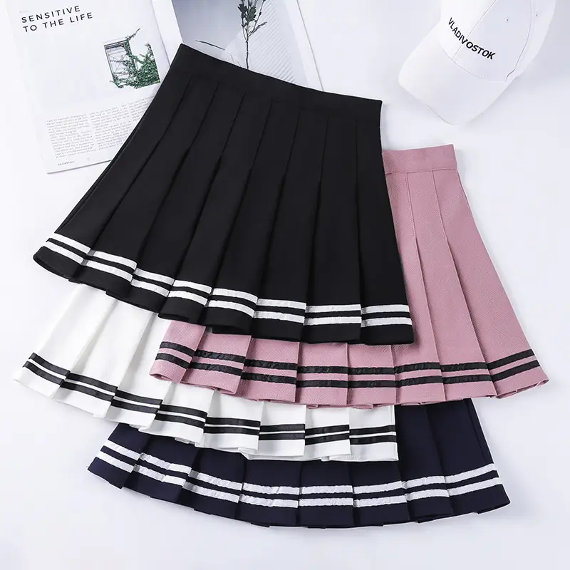 Elasticated Pleated Skirt Student Striped Safety Pants White Black Pink - Image 8