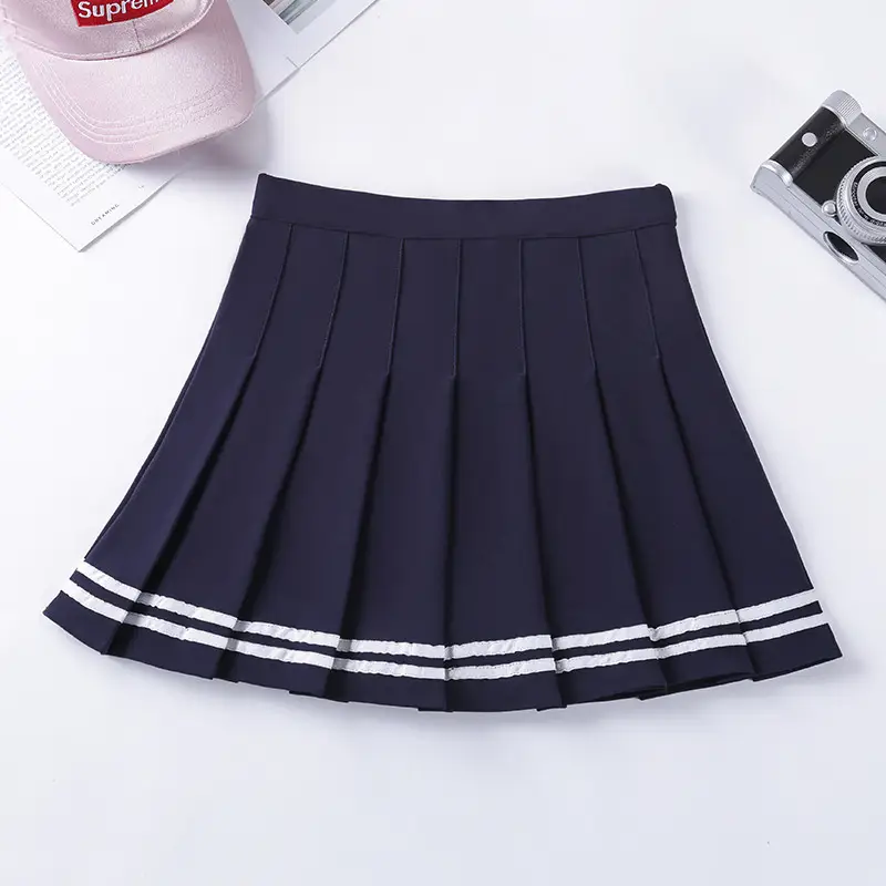 Elasticated Pleated Skirt Student Striped Safety Pants White Black Pink - Image 4