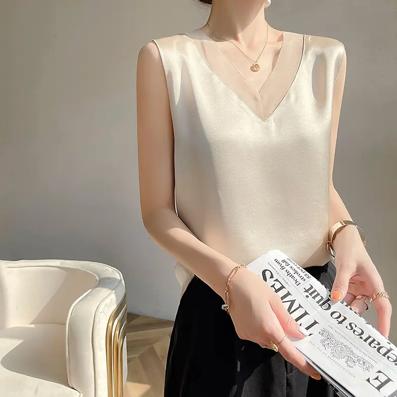 Women's V-Neck Sleeveless Silk Top Summer Suit - Image 9
