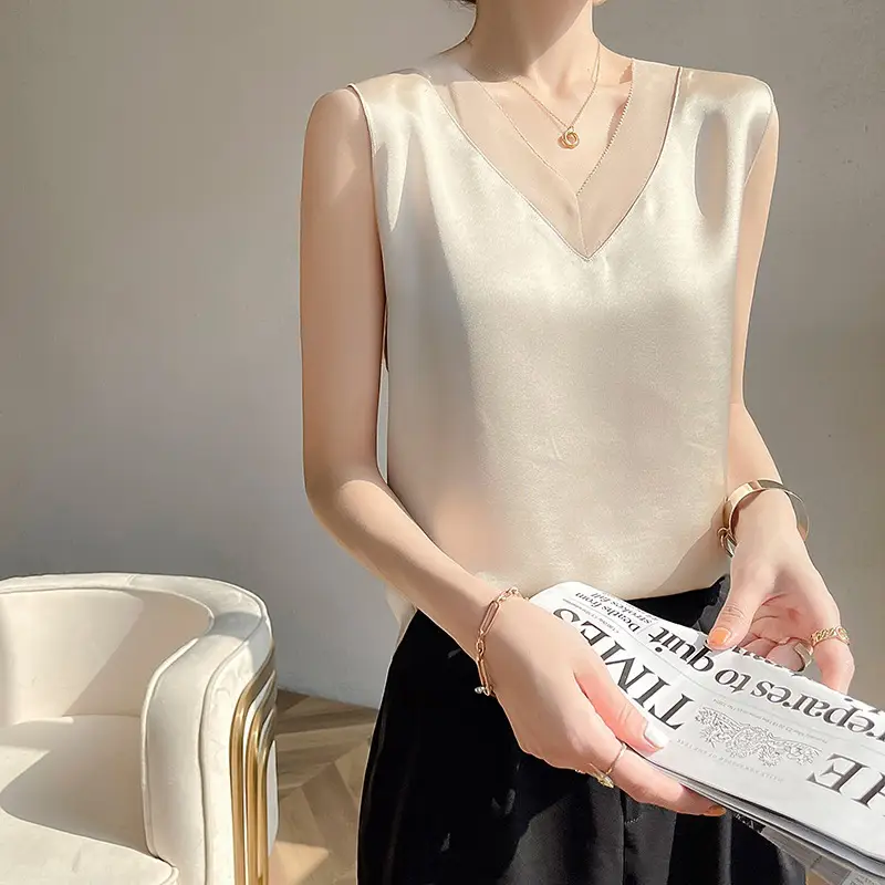 Women's V-Neck Sleeveless Silk Top Summer Suit - Image 3