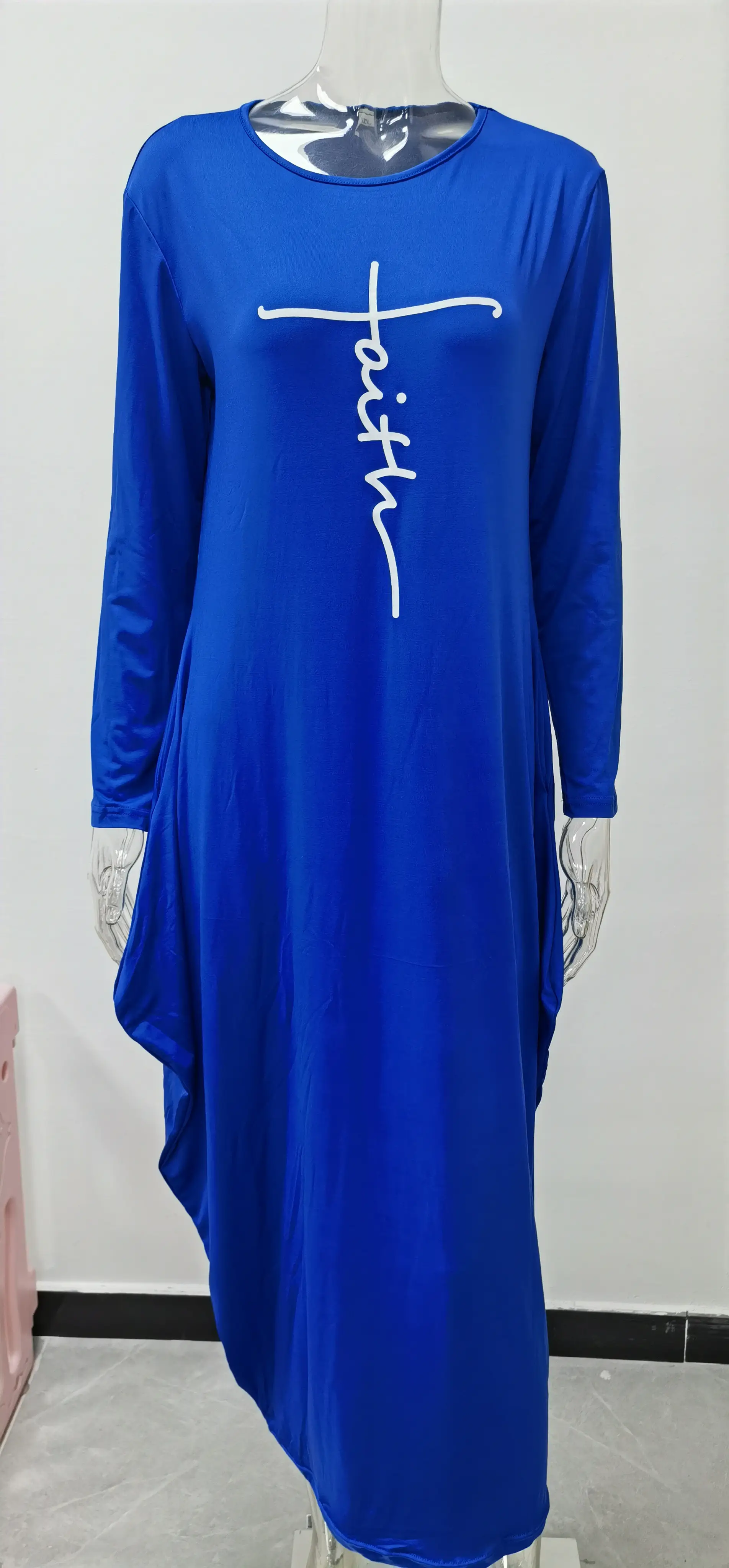 Blue Silk Round Neck Irregular Skirt Dress for Women — feature 29