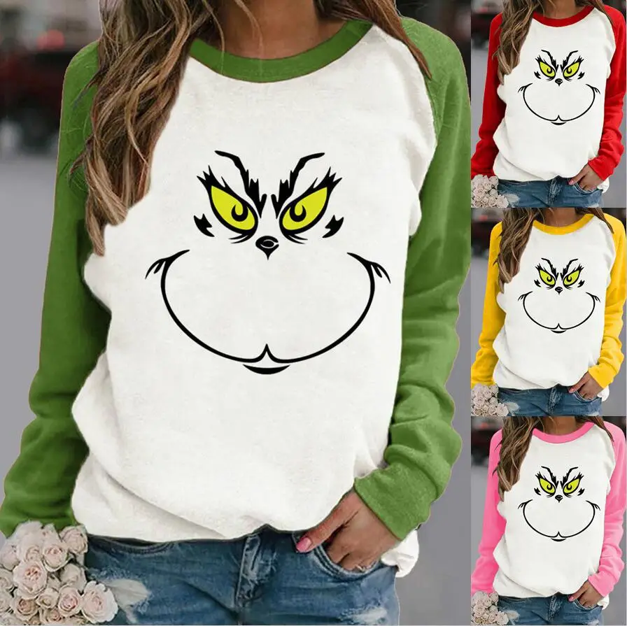 Women Hoodless Crewneck Contrast Sweater with Cartoon Print - Image 10