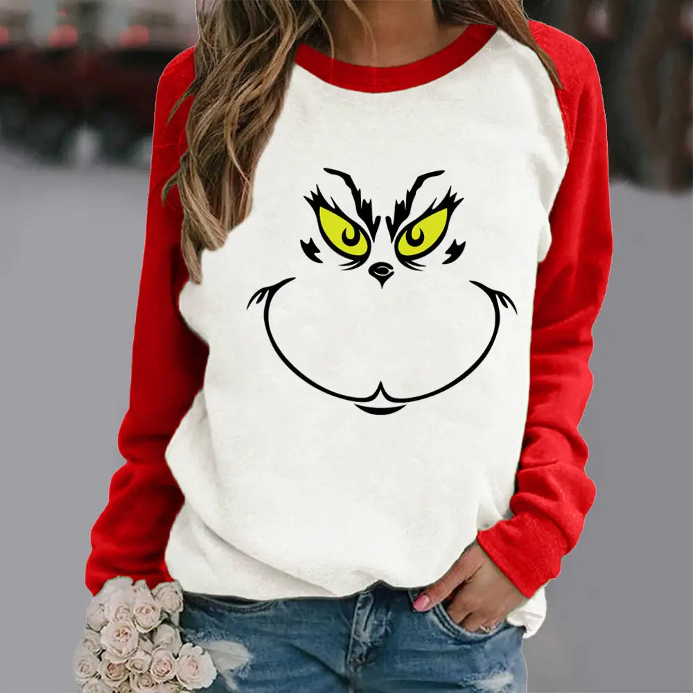Women Hoodless Crewneck Contrast Sweater with Cartoon Print - Image 12