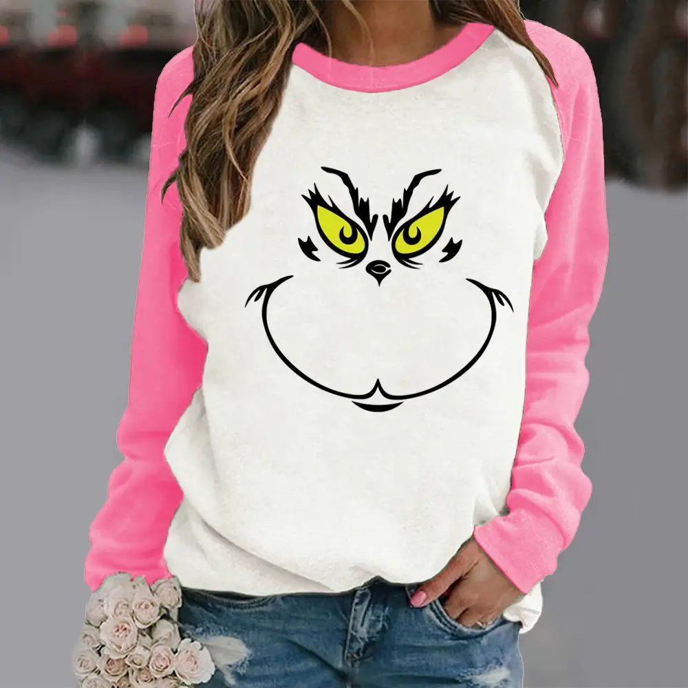 Women Hoodless Crewneck Contrast Sweater with Cartoon Print - Image 2