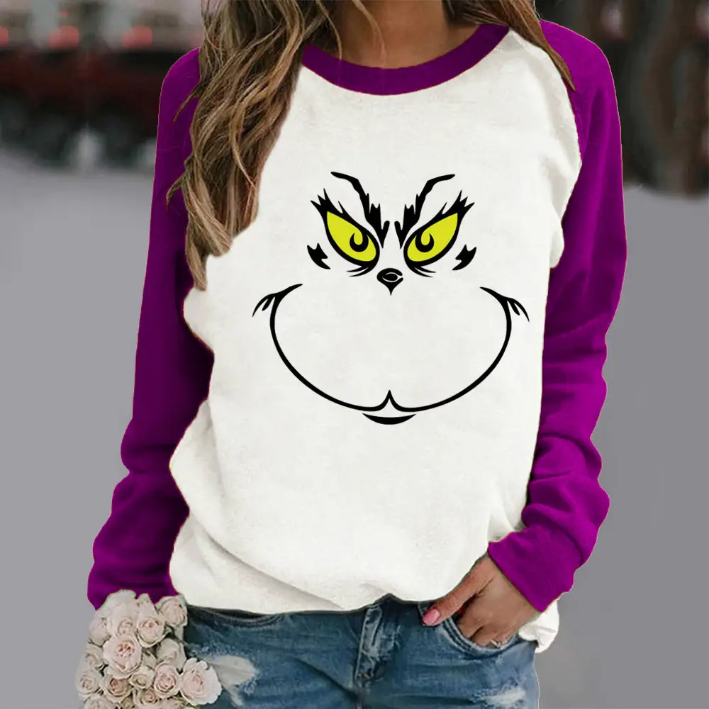 Women Hoodless Crewneck Contrast Sweater with Cartoon Print - Image 5