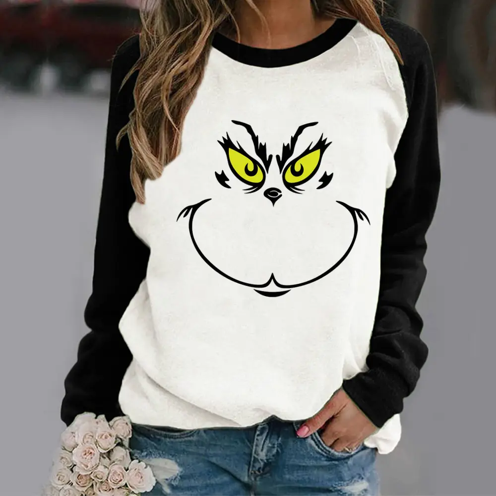 Women Hoodless Crewneck Contrast Sweater with Cartoon Print - Image 7
