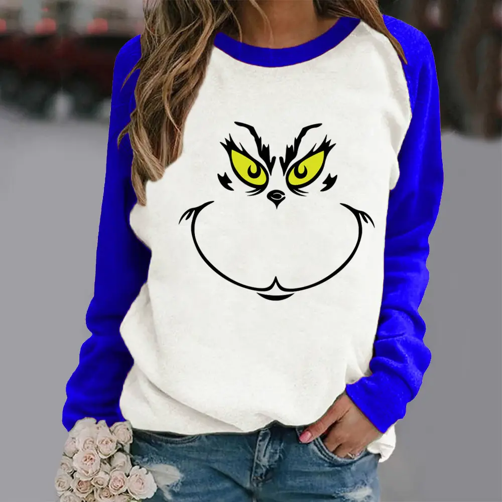 Women Hoodless Crewneck Contrast Sweater with Cartoon Print - Image 8