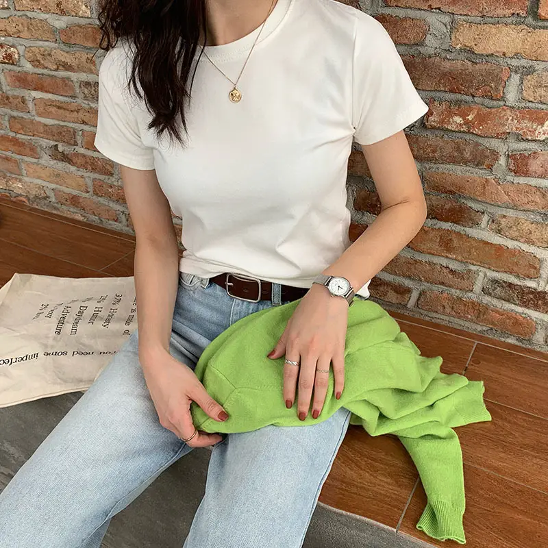 Women Summer T-shirt Short Sleeve Candy Color Round Neck