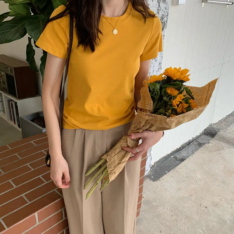 Women Summer T-shirt Short Sleeve Candy Color Round Neck — feature 10