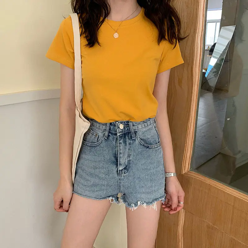 Women Summer T-shirt Short Sleeve Candy Color Round Neck — feature 11