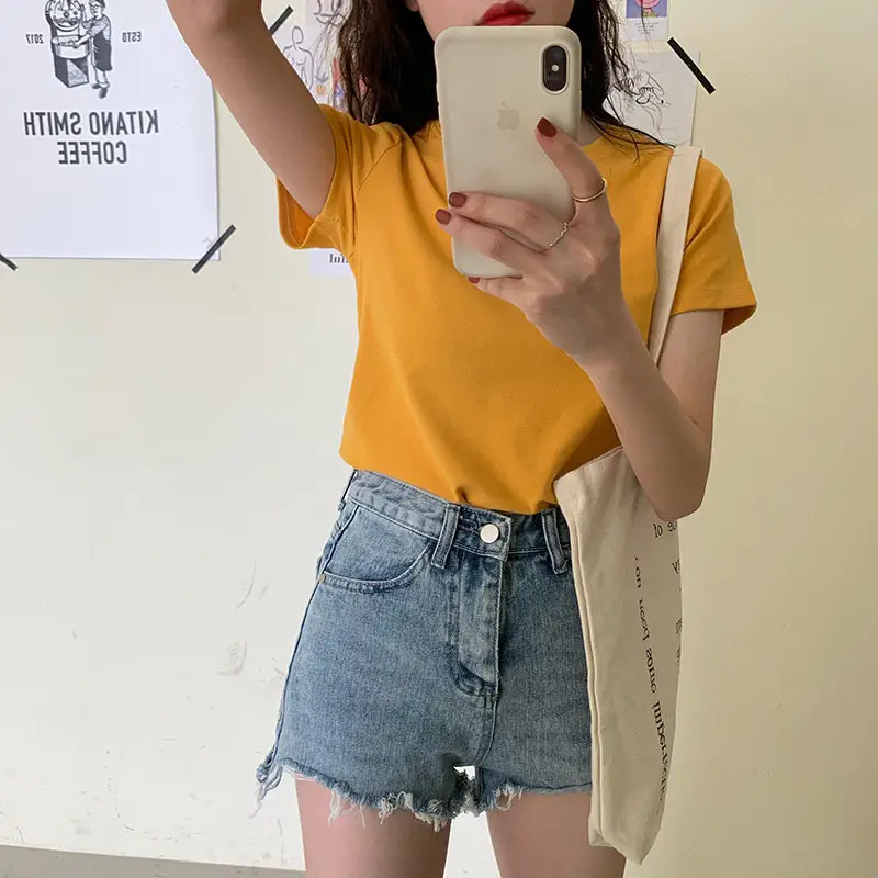 Women Summer T-shirt Short Sleeve Candy Color Round Neck — feature 13