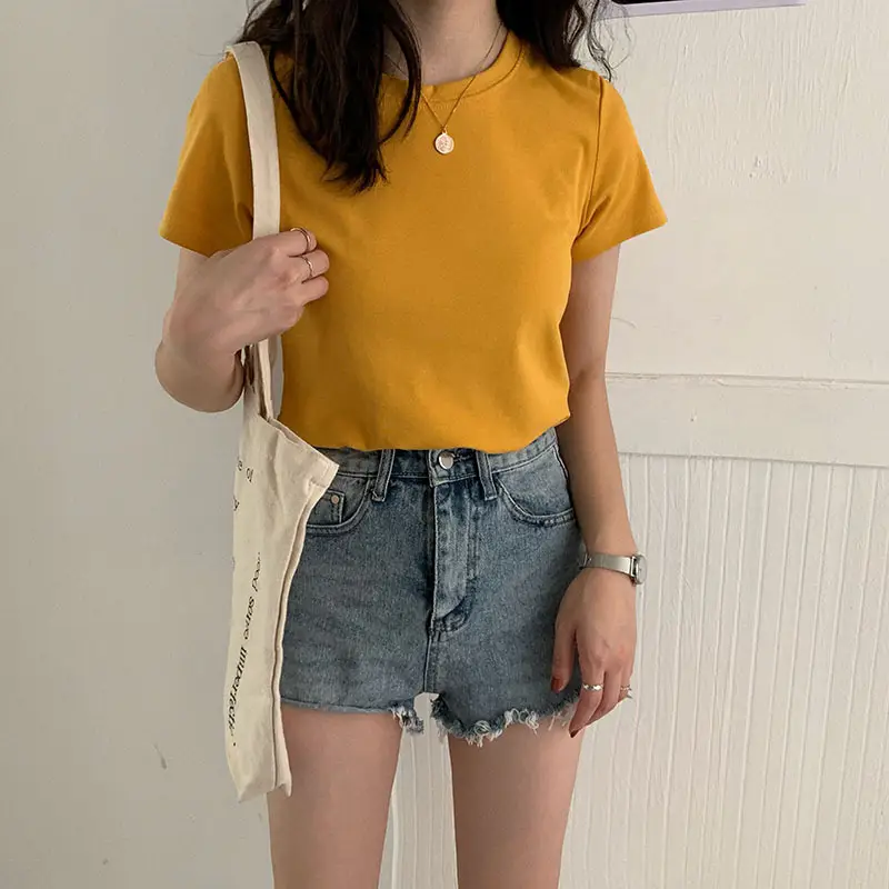 Women Summer T-shirt Short Sleeve Candy Color Round Neck — feature 14