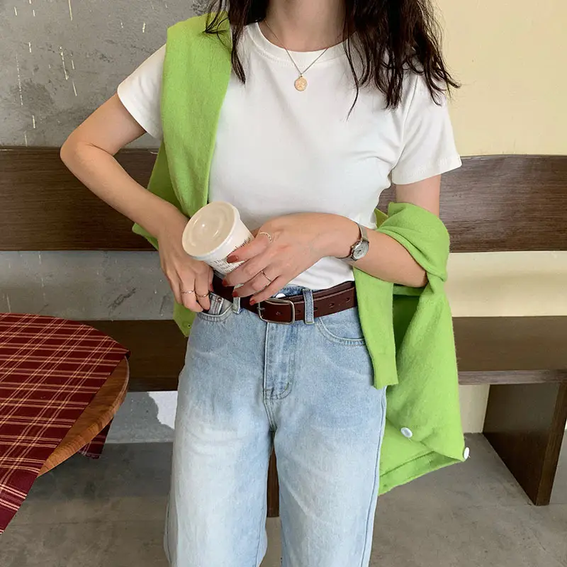 Women Summer T-shirt Short Sleeve Candy Color Round Neck — feature 17