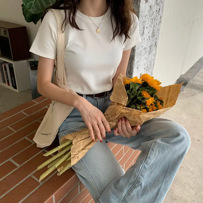 Women Summer T-shirt Short Sleeve Candy Color Round Neck — feature 19