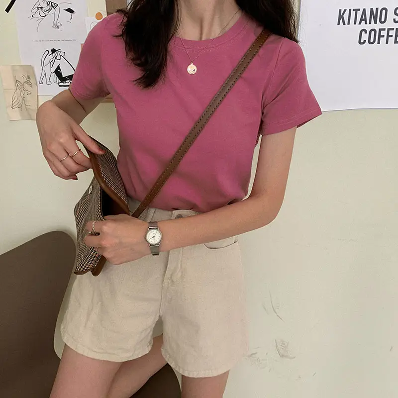 Women Summer T-shirt Short Sleeve Candy Color Round Neck — feature 2