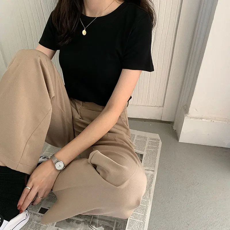 Women Summer T-shirt Short Sleeve Candy Color Round Neck — feature 21