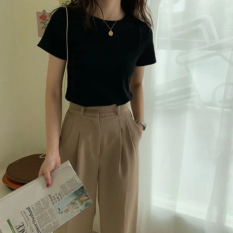 Women Summer T-shirt Short Sleeve Candy Color Round Neck — feature 22