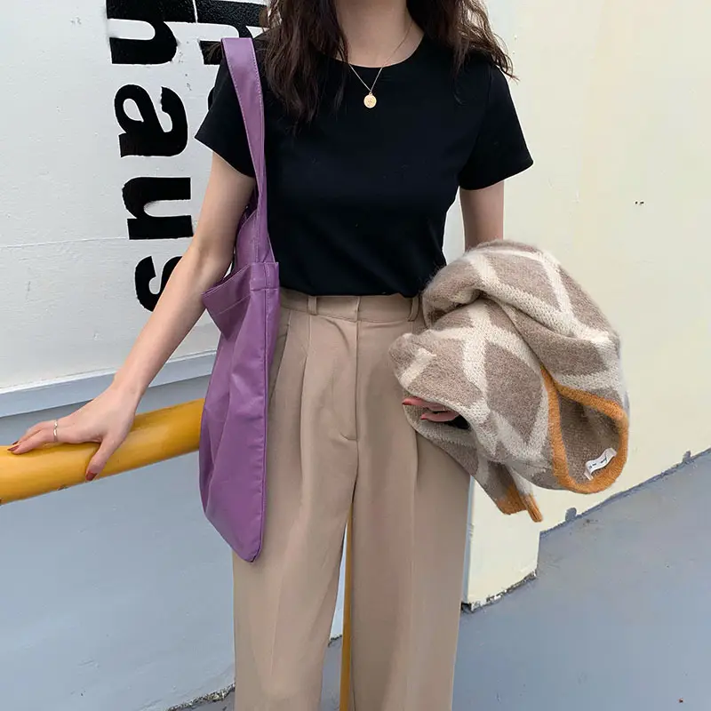 Women Summer T-shirt Short Sleeve Candy Color Round Neck — feature 24