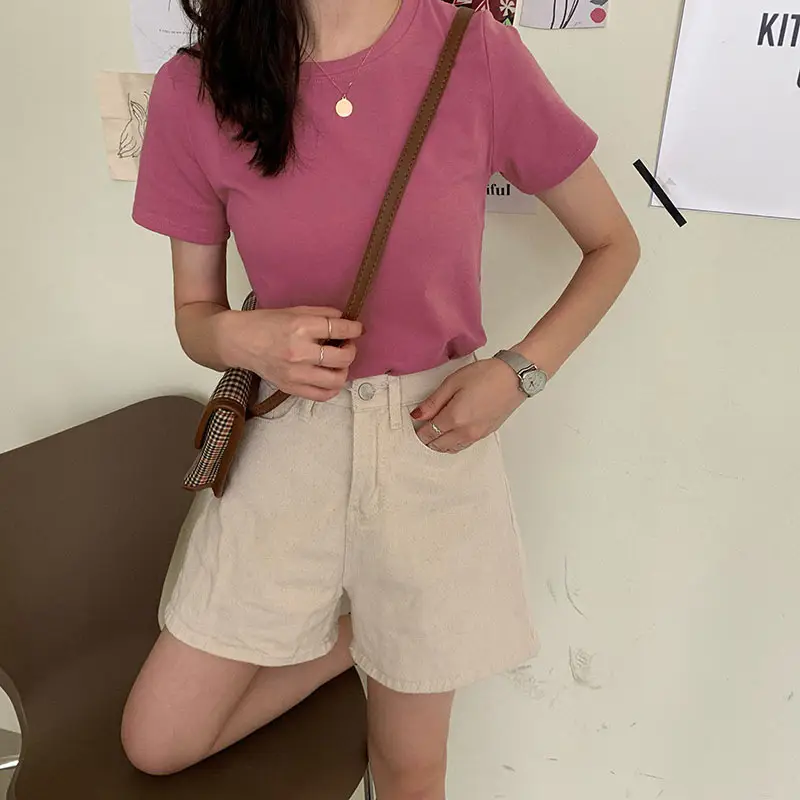 Women Summer T-shirt Short Sleeve Candy Color Round Neck — feature 3