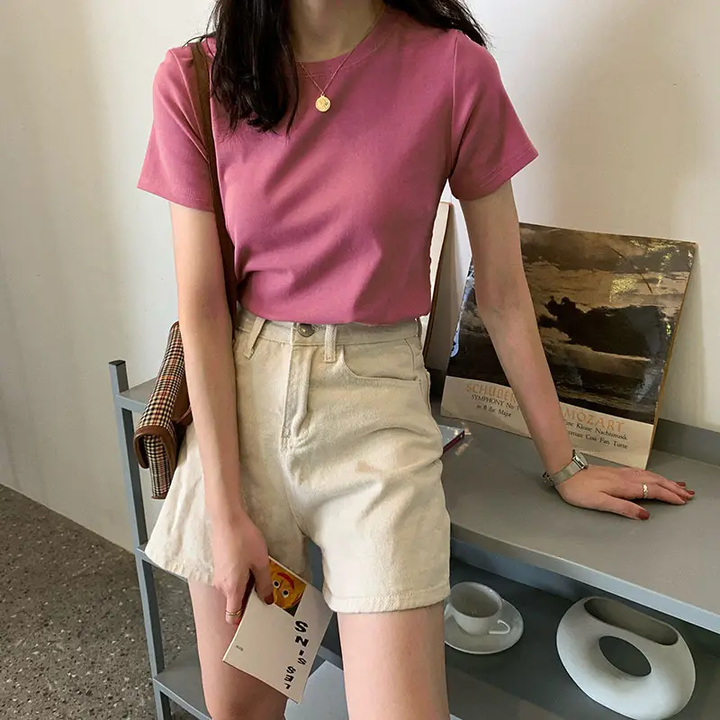 Women Summer T-shirt Short Sleeve Candy Color Round Neck — feature 4