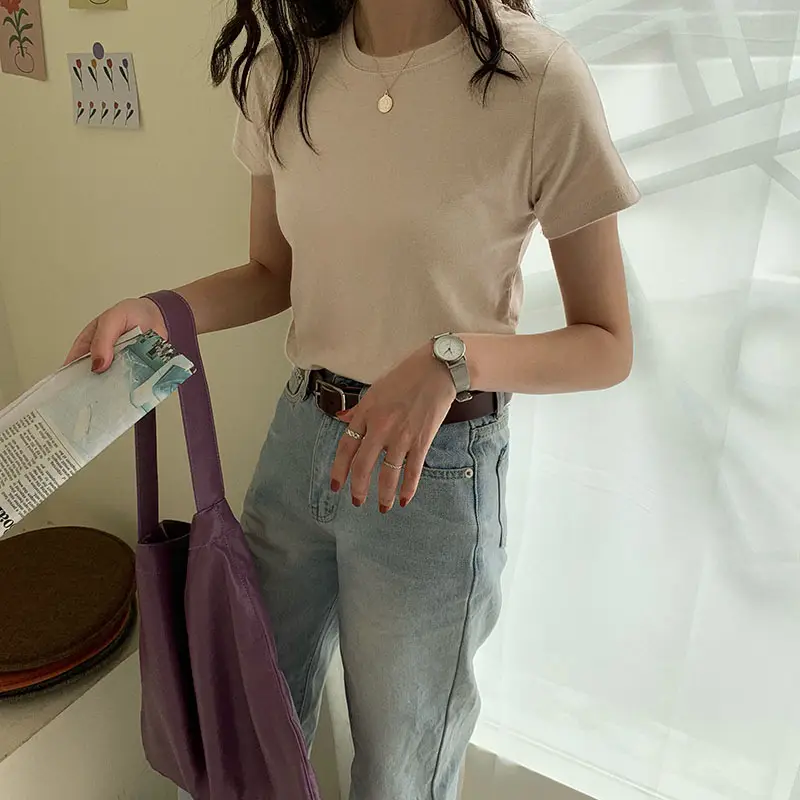 Women Summer T-shirt Short Sleeve Candy Color Round Neck — feature 7