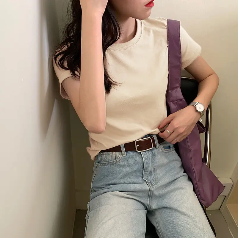 Women Summer T-shirt Short Sleeve Candy Color Round Neck — feature 9