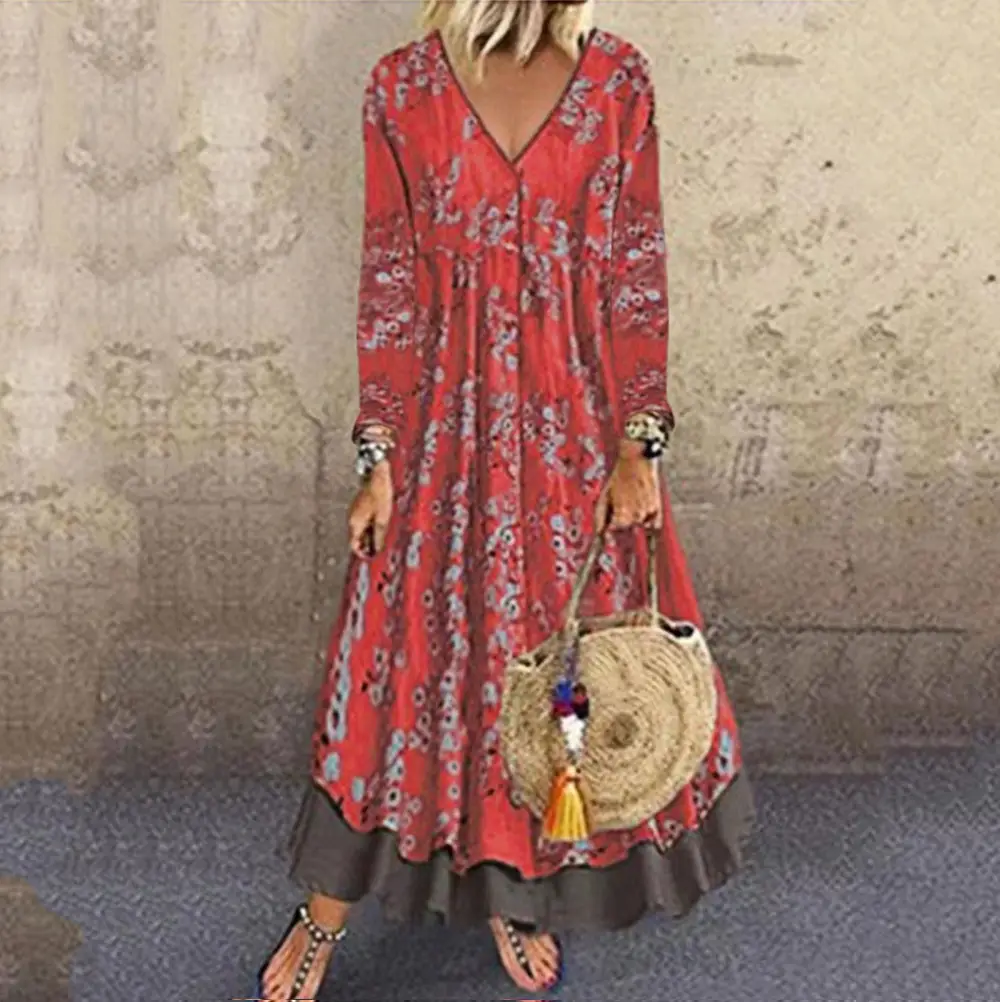 2025 V-Neck Fake Two-Piece Dress Blue Printed - Image 6