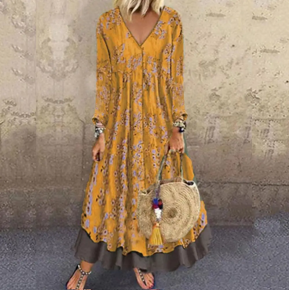 2025 V-Neck Fake Two-Piece Dress Blue Printed - Image 7