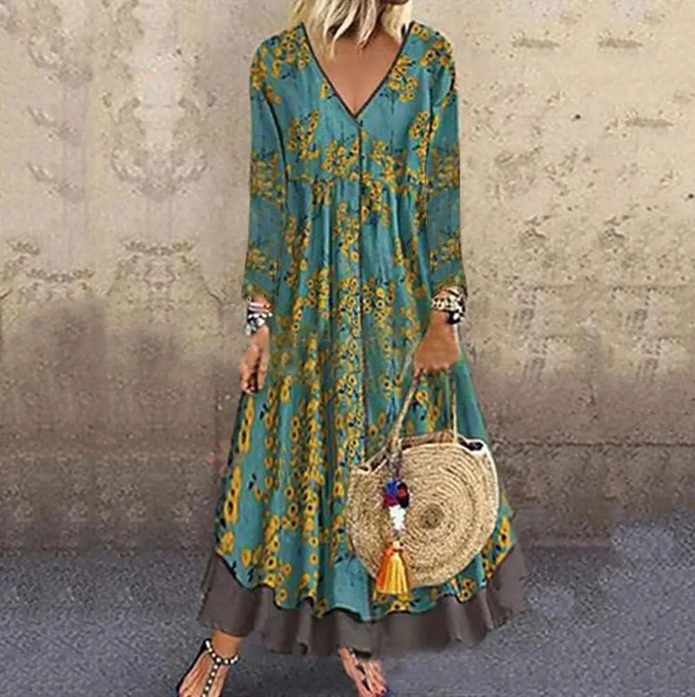 2025 V-Neck Fake Two-Piece Dress Blue Printed - Image 8