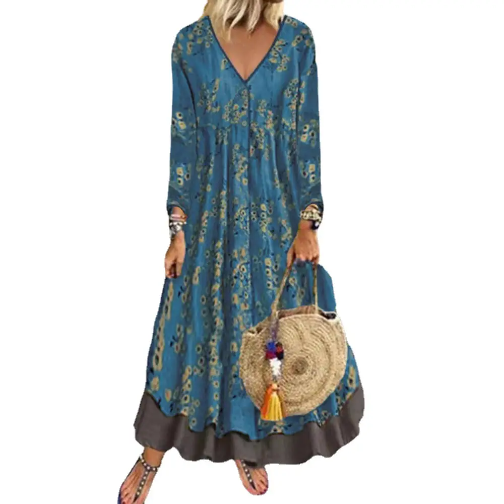2025 V-Neck Fake Two-Piece Dress Blue Printed - Image 9