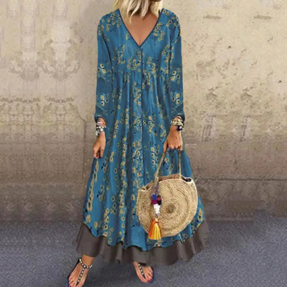 2025 V-Neck Fake Two-Piece Dress Blue Printed - Image 4