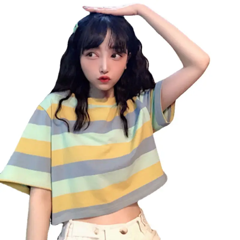 Korean-style Rainbow Striped Short T-shirt for Women