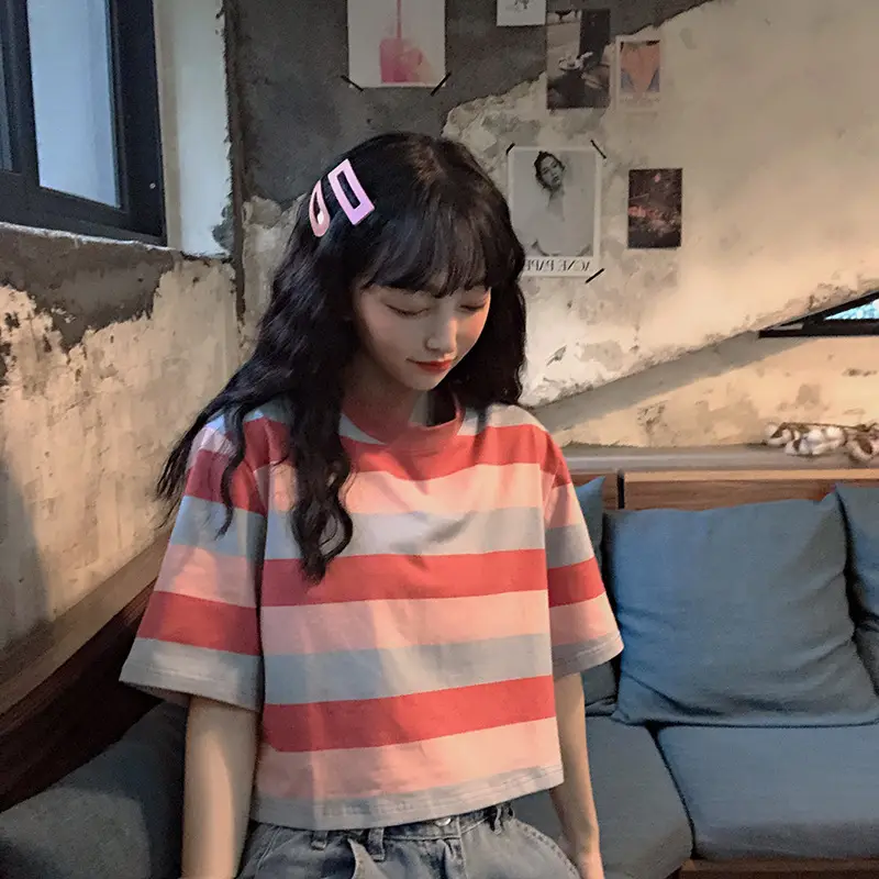 Korean-style Rainbow Striped Short T-shirt for Women — feature 6