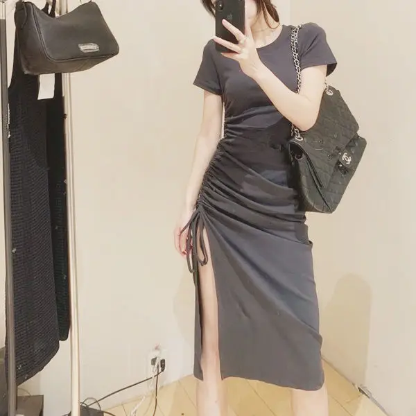 2024 Summer Stretch Slim Fit Pleated Lace Side Slit Dress Women - Image 3