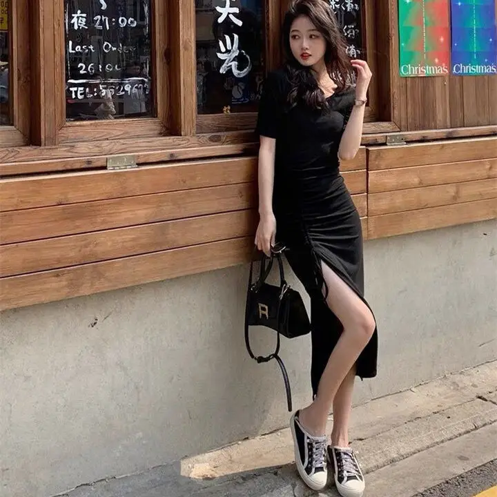 2024 Summer Stretch Slim Fit Pleated Lace Side Slit Dress Women - Image 5