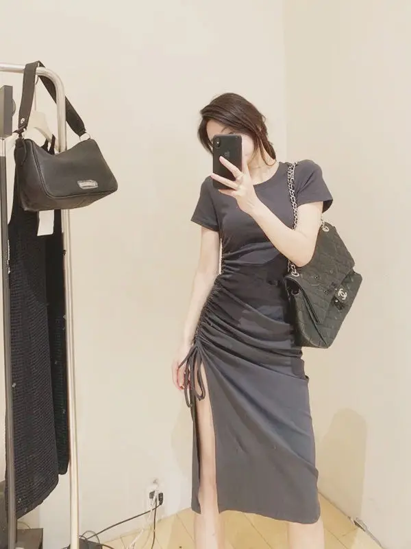 2024 Summer Stretch Slim Fit Pleated Lace Side Slit Dress Women — feature 4
