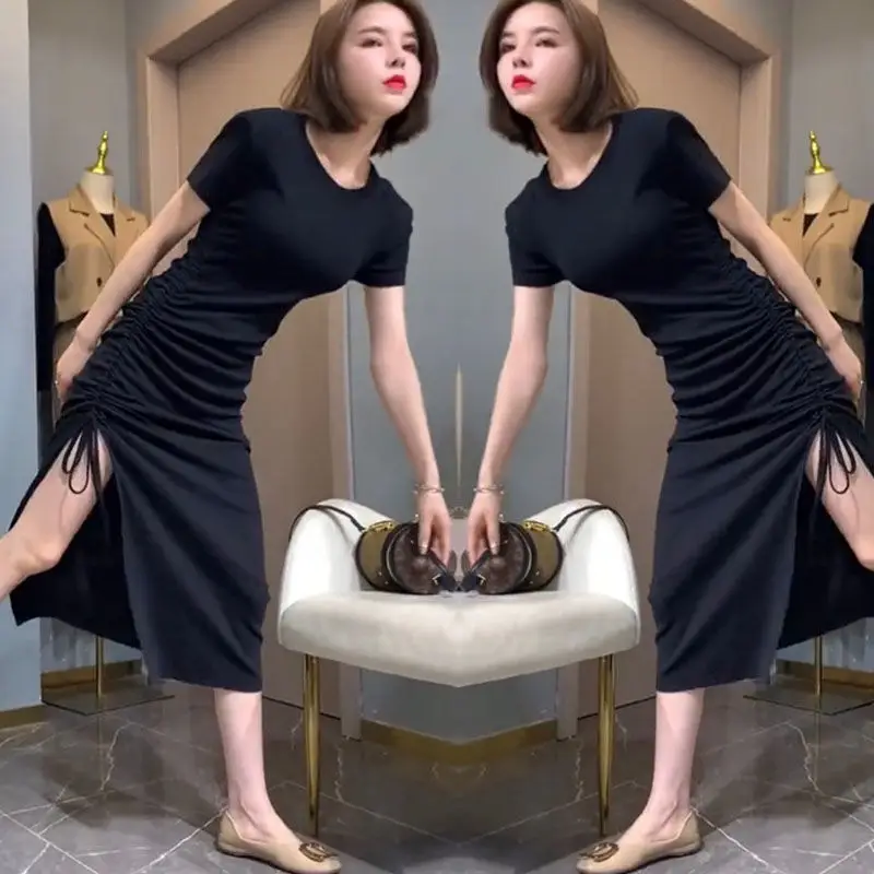 2024 Summer Stretch Slim Fit Pleated Lace Side Slit Dress Women — feature 9