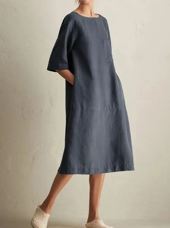 Women Cotton Linen Dress Round Neck Sleeveless 2168 - Image 6
