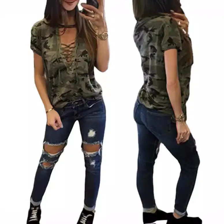 Women's Large Size Camouflage Low Cut T-Shirt with Hollow Straps - Image 2