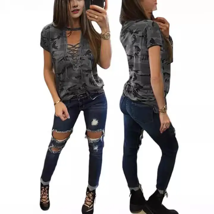 Women's Large Size Camouflage Low Cut T-Shirt with Hollow Straps - Image 3