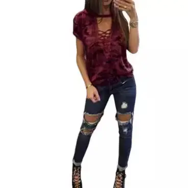 Women's Large Size Camouflage Low Cut T-Shirt with Hollow Straps - Image 5