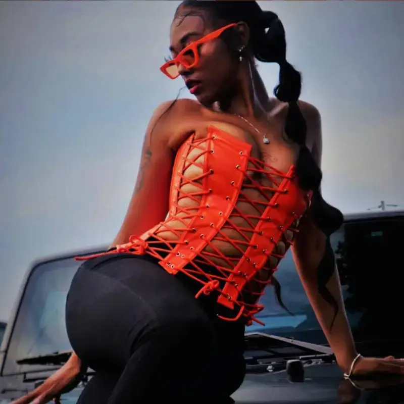 2022 Women's Sexy Hollow Vest Strapless Strap Fish Bone Imitation Leather Waist Top - Image 5