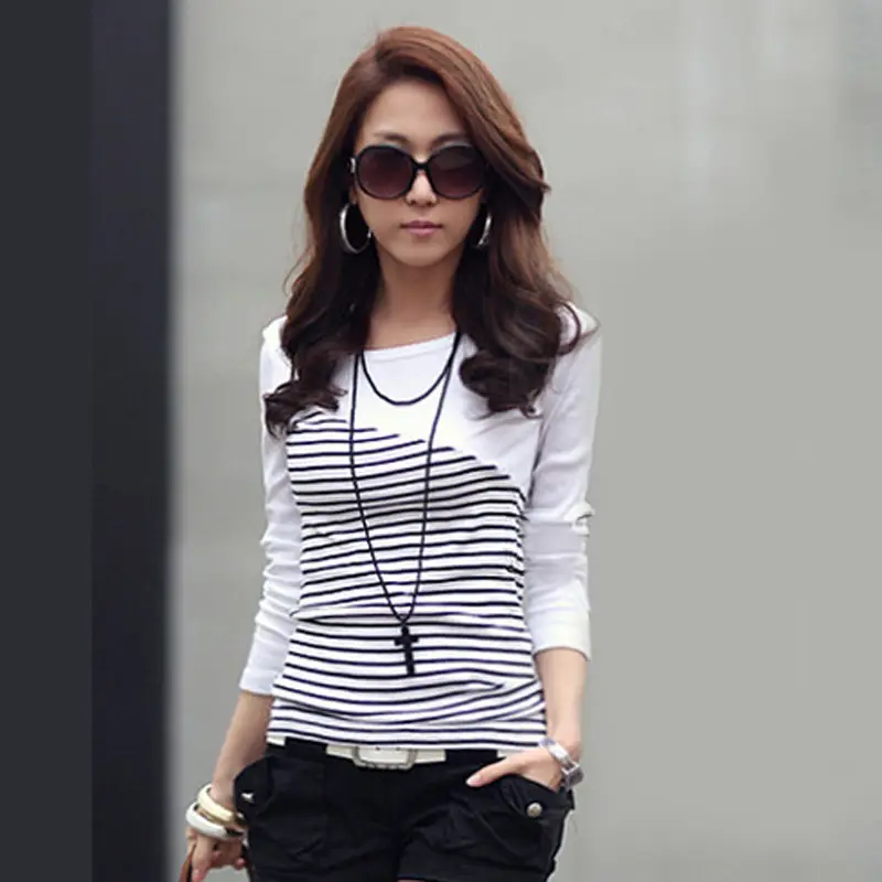Women's 2021 Striped Long Sleeve T-Shirt Black White - Image 2