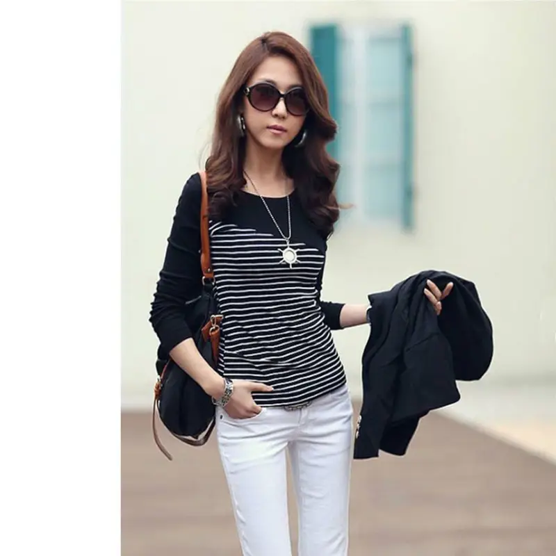 Women's 2021 Striped Long Sleeve T-Shirt Black White - Image 5
