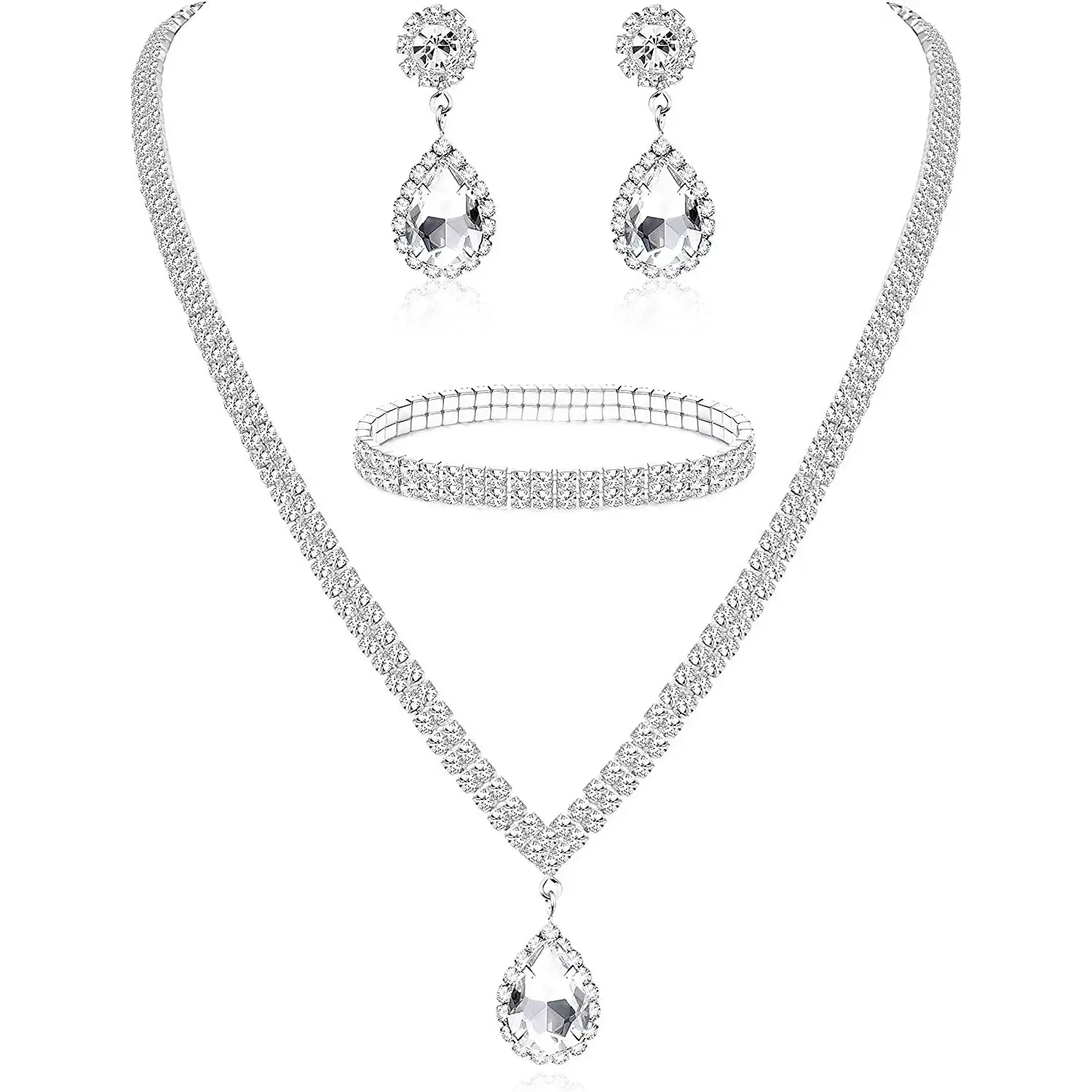 Silver Diamond Hair Diamond Necklace Earrings Bracelet Set - Image 6