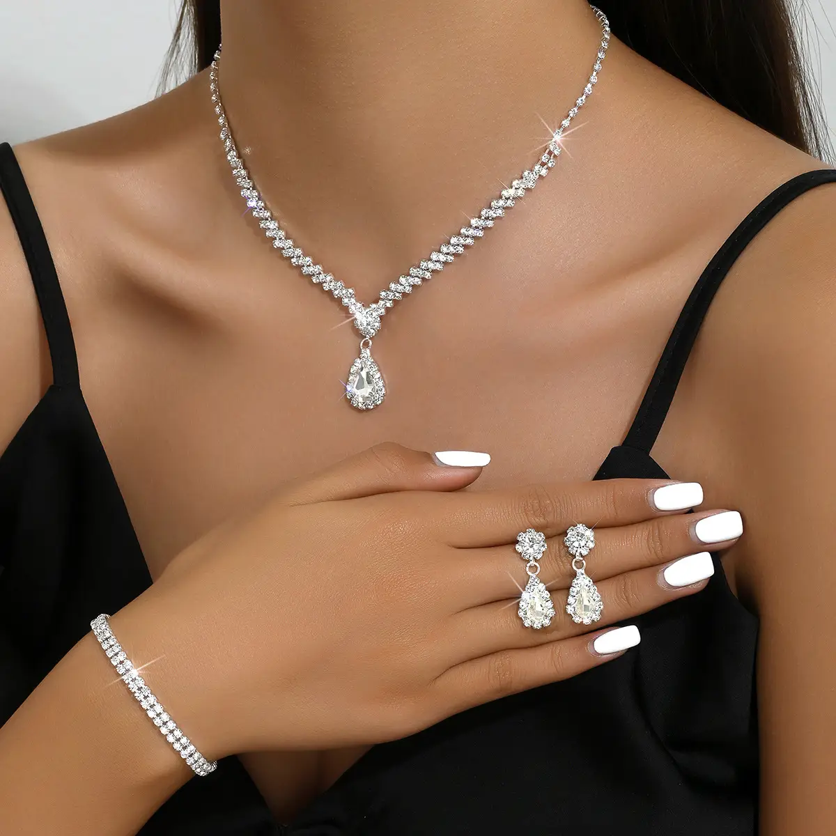 Silver Diamond Hair Diamond Necklace Earrings Bracelet Set - Image 7