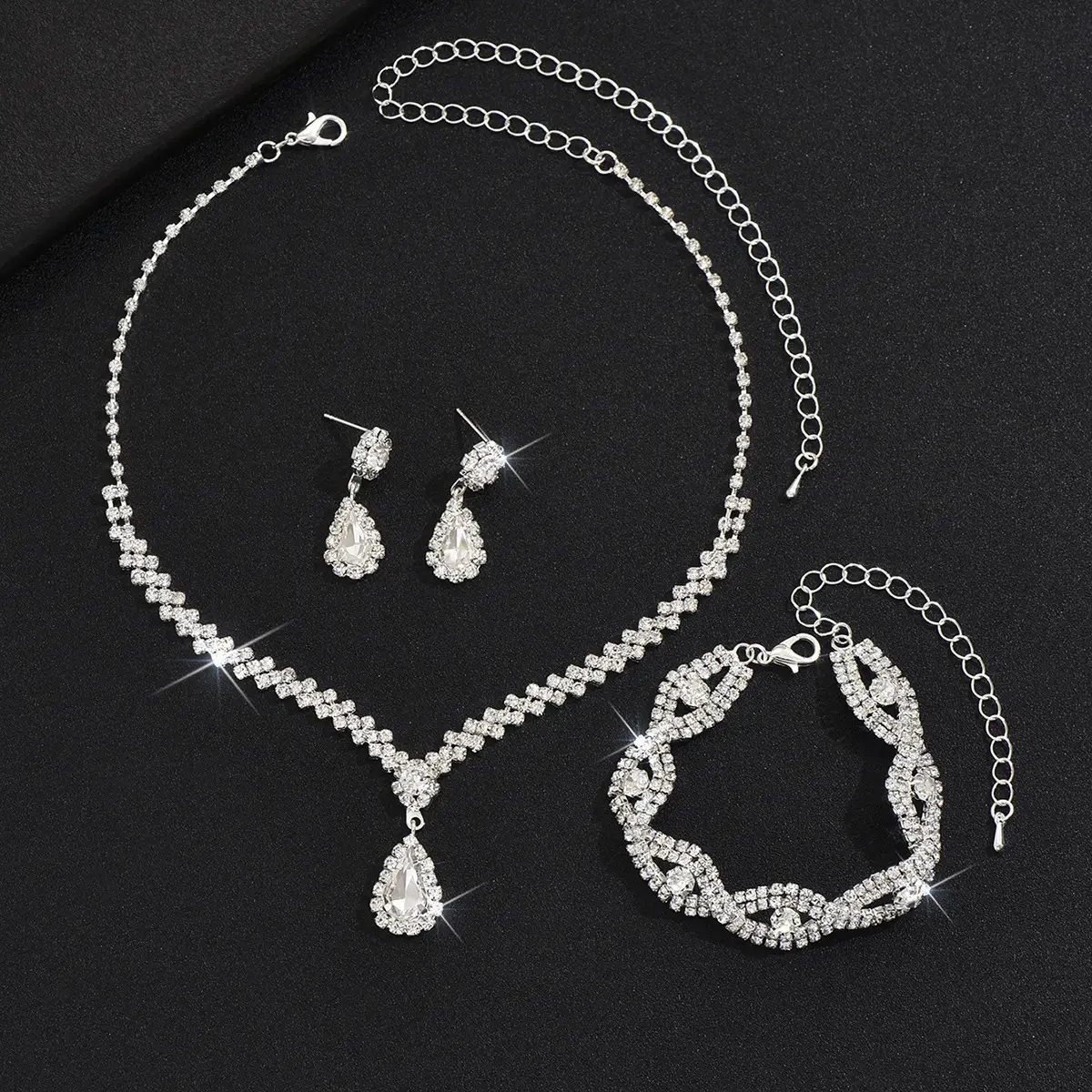 Silver Diamond Hair Diamond Necklace Earrings Bracelet Set - Image 8