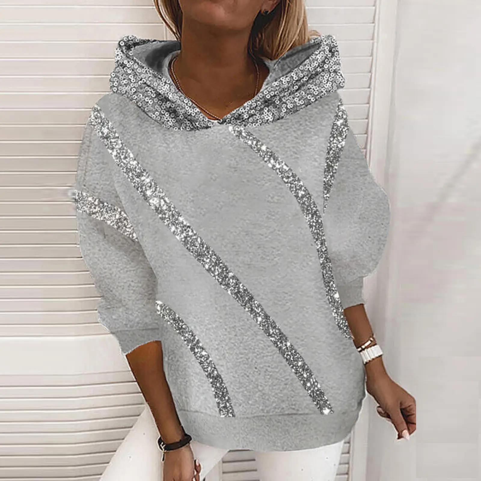 Sequin Printed Hooded Sweatshirt Women Black White — feature 4